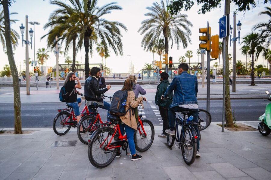 Barcelona Bike Tour by Night with Cava - Plaza España after dark and the included Cava